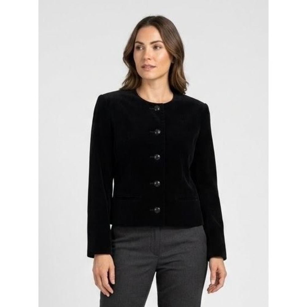 Chaus Velvet Blazer Women 6 Black Collarless Button Front Cropped Vintage Jacket